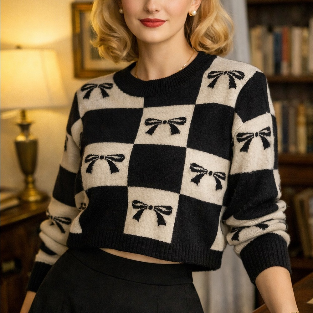 Bow Checkerboard Sweater Coquette Balletcore Knit Top XL Black and Cream Soft